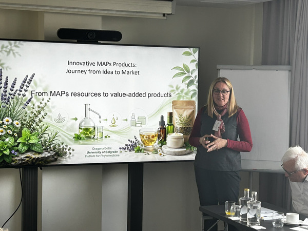A person presenting in front of a projected slide.